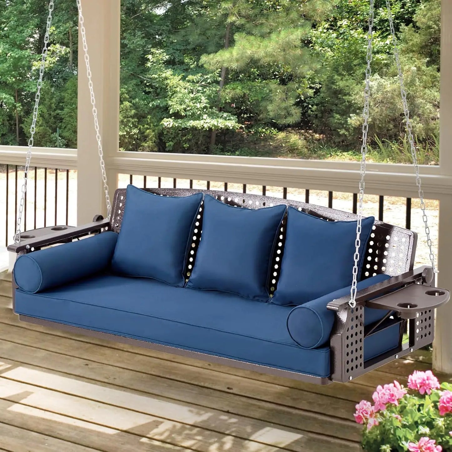 Three Seat Outdoor Porch Swing With Cup Holders And Cushions