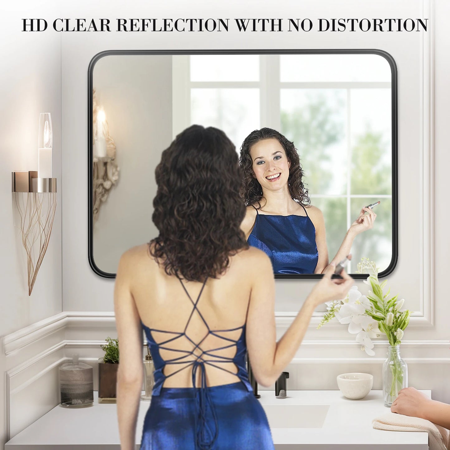 JHK 24x36 Inch Matte Metal Framed Bathroom Wall Mirror Vanity Rectangle Rounded Corner Tempered Glass Mirror Clear Reflection