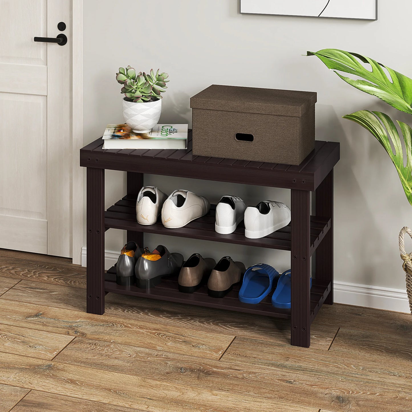 JHK 3 Tier Bamboo Entryway Bench Shoe Organizer Storage