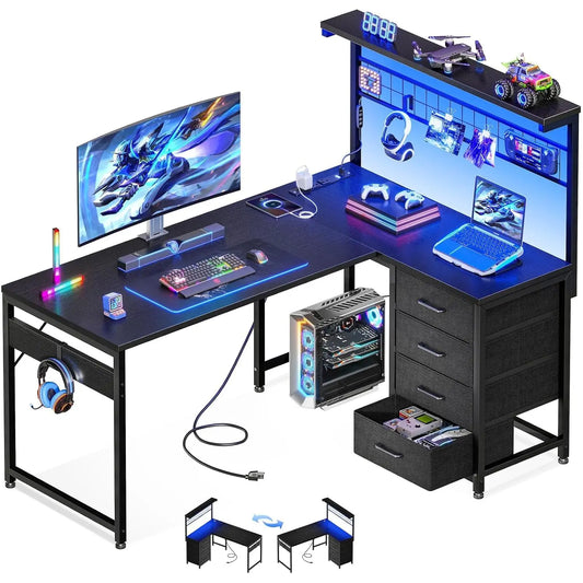 NONEDesk L Shaped Gaming Desk With Shelf Hutch 4 Drawers