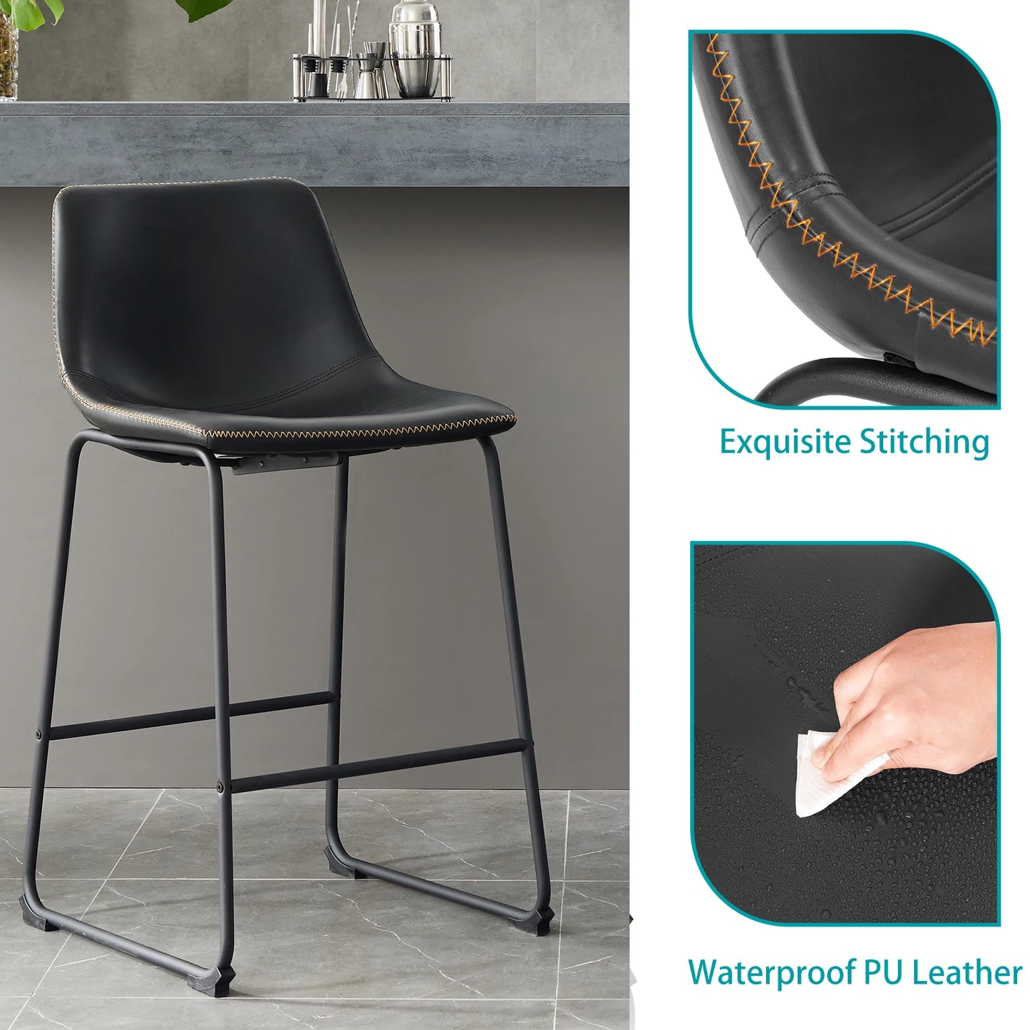 JHK Modern Faux Leather Counter Height Bar Stools Set of 2 High Barstools with Back and Metal Leg Bar Chairs for Kitchen Island