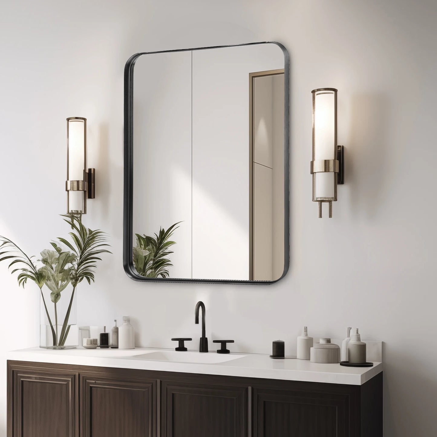 JHK 24x36 Inch Matte Metal Framed Bathroom Wall Mirror Vanity Rectangle Rounded Corner Tempered Glass Mirror Clear Reflection