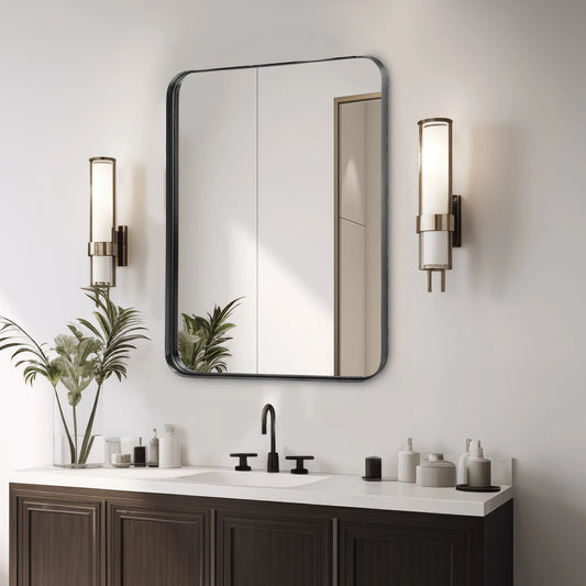 JHK 24x36 Inch Matte Metal Framed Bathroom Wall Mirror Vanity Rectangle Rounded Corner Tempered Glass Mirror Clear Reflection