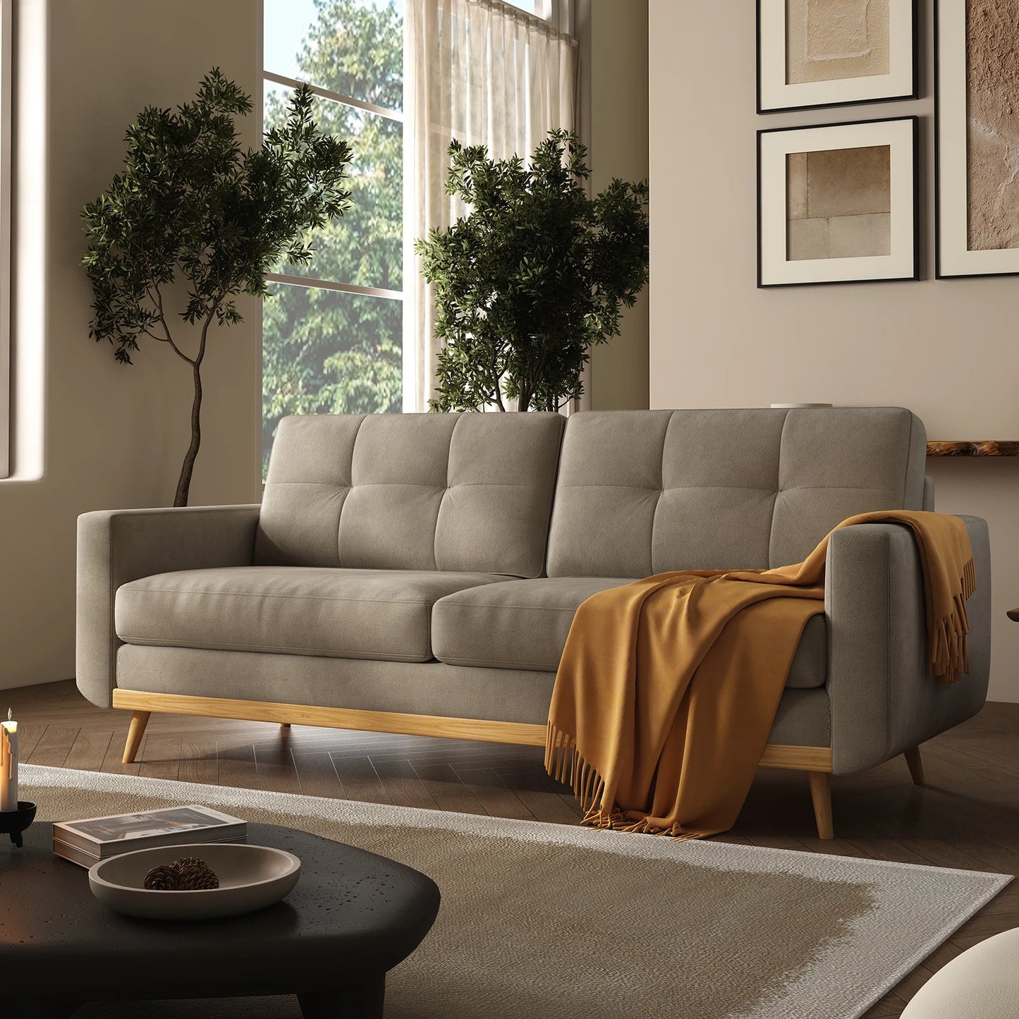 QWCCN Mid Century Modern Loveseat Sofa With Wooden Legs