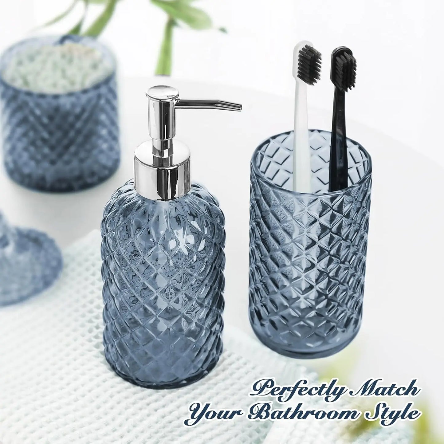 Pattern Bathroom Accessory Set Soap Dispenser Toothbrush Holder Q Tip Jar