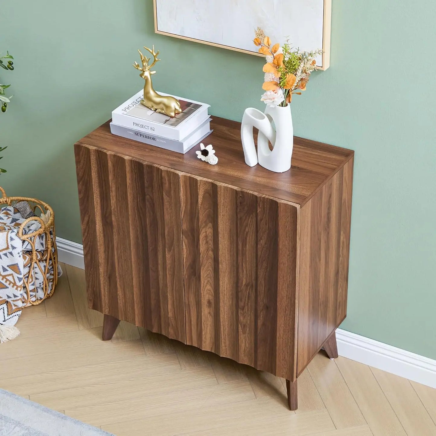 Fluted Mid Century Sideboard Buffet Cabinet With Adjustable Shelves