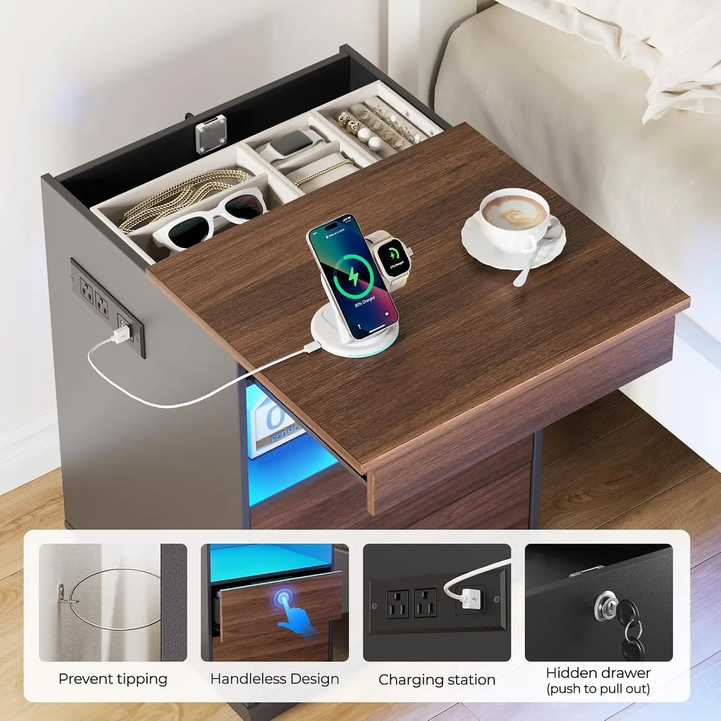 2Pc Nightstand Hidden Compartment USB Type-C Charging Locking Gun Drawer LED Modern Bedroom Office Brown Customized