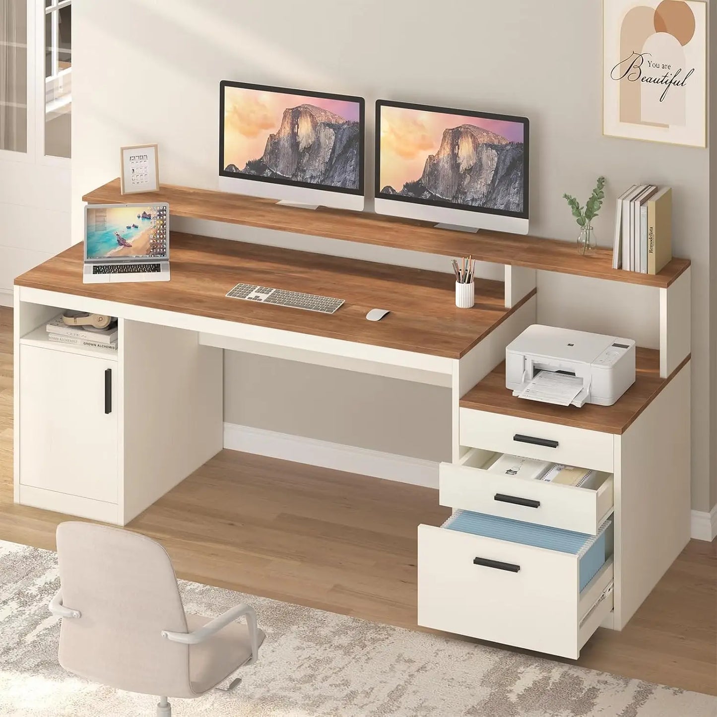 NONEDesk Executive Computer Desk With File Drawer And Cabinet