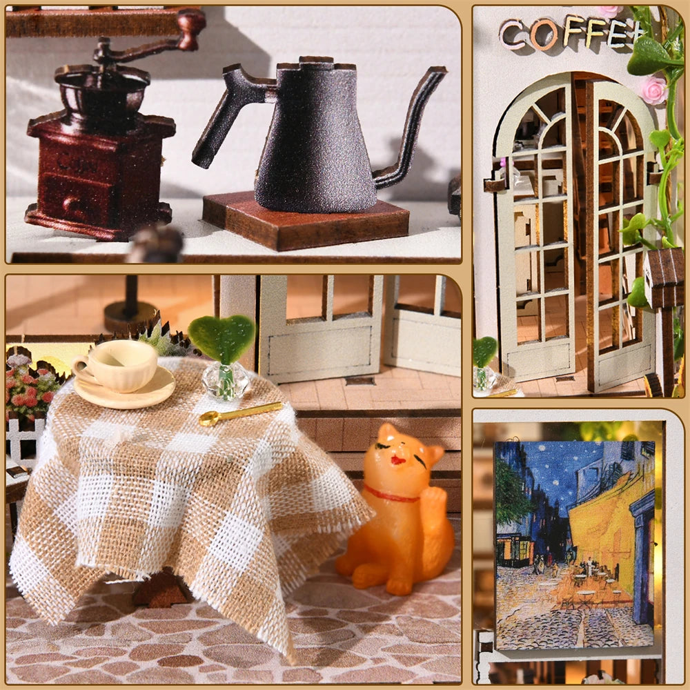 ASLOWSNAIL 3D Wooden Book Nook Kit Coffee Shop Dollhouse
