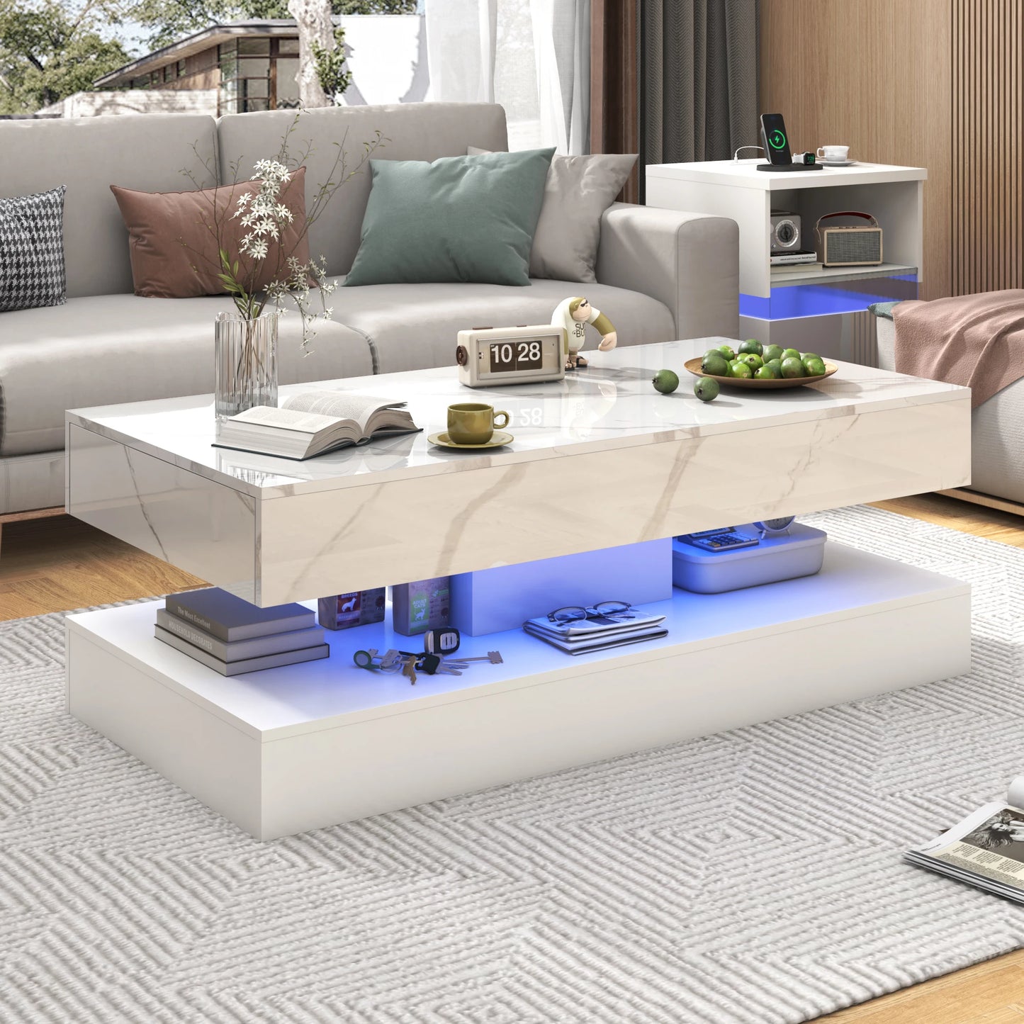 QiaoShiRen Modern LED Coffee Table With Two Storage Drawers