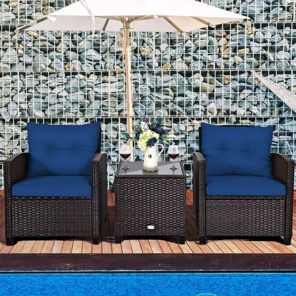 Three-Piece Outdoor Furniture Set With Washable Cushions And Glass Top