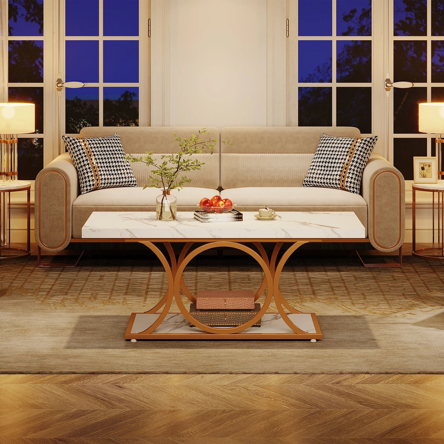 Tribesigns Rectangular Coffee Table Modern Two Tier Faux Marble Wood