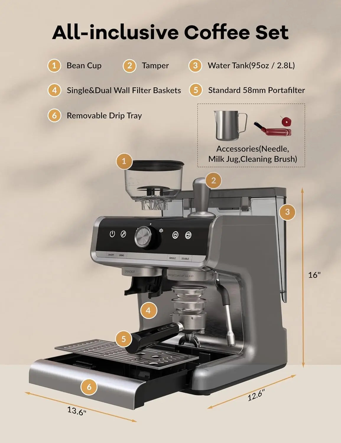 Acekool 20 Bar Espresso Machine With Grinder For Home Use
