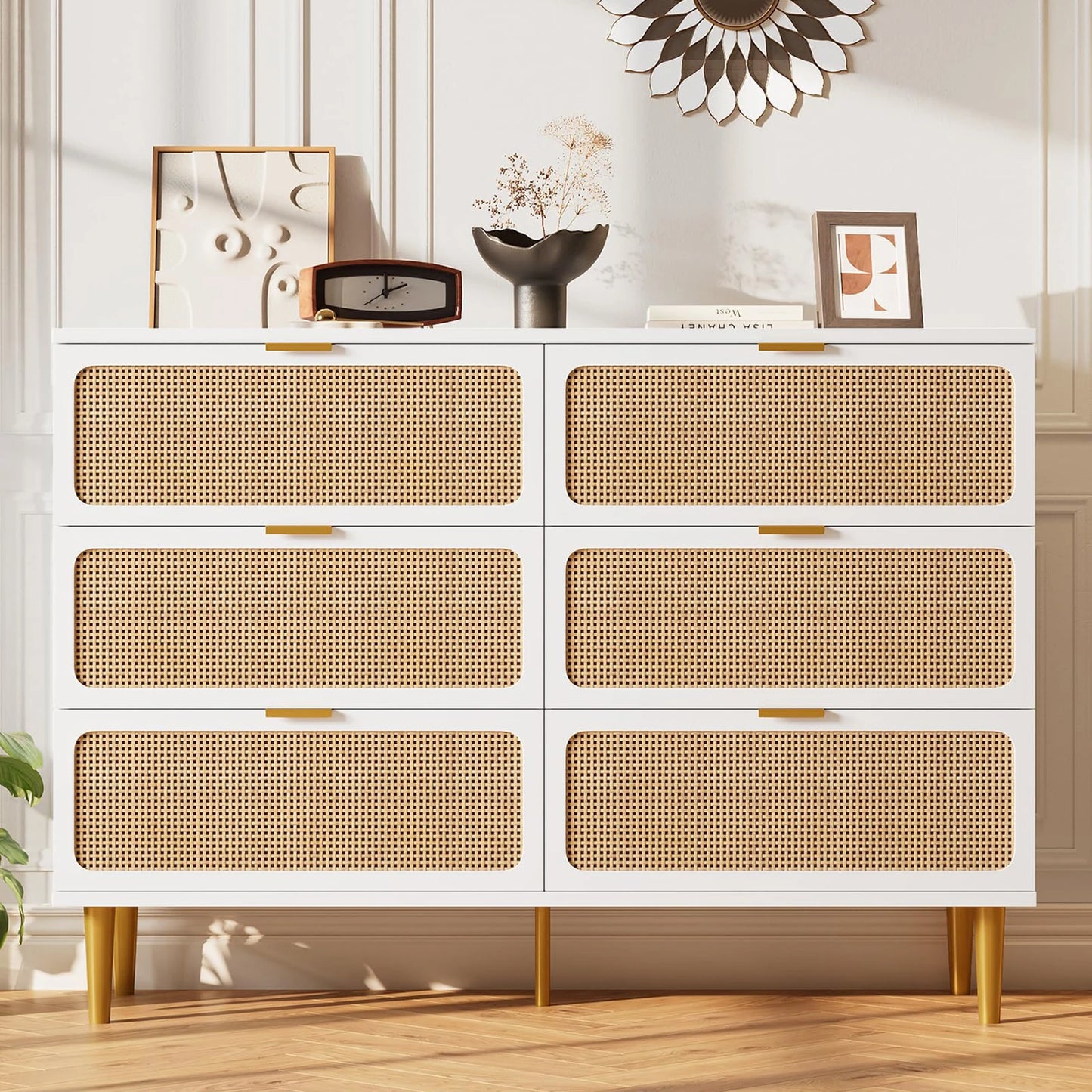 HiMISS 6 Drawer Rattan Dresser Handwoven Wood Storage Cabinet