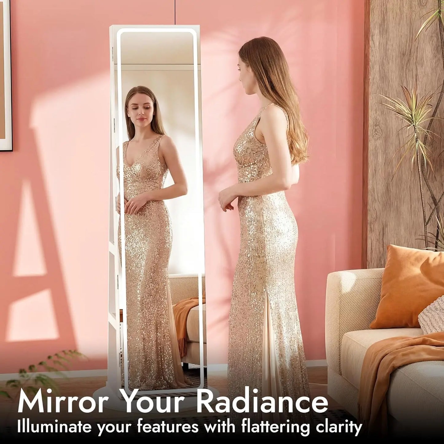 MOYU LED Mirror Jewelry Armoire Swivel Cabinet With Interior Lights