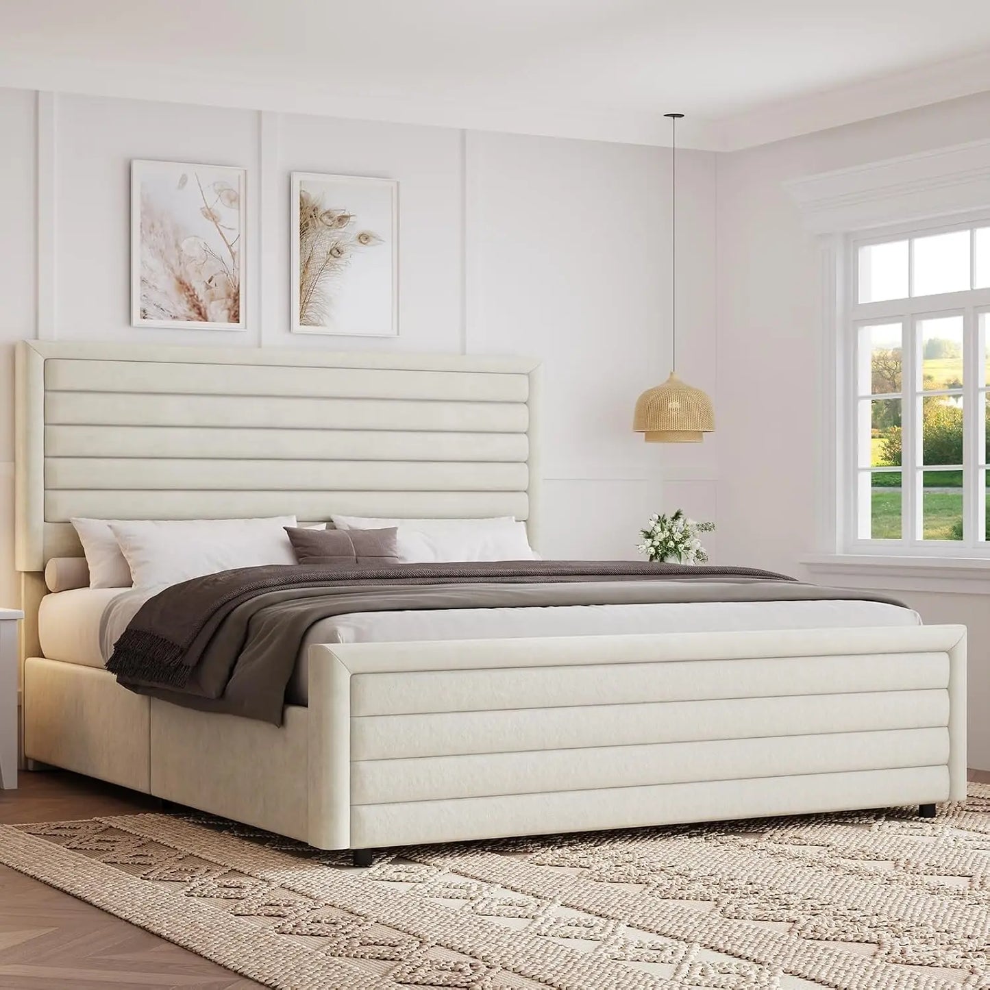 Upholstered Platform Bed Frame With Velvet Headboard And Footboard