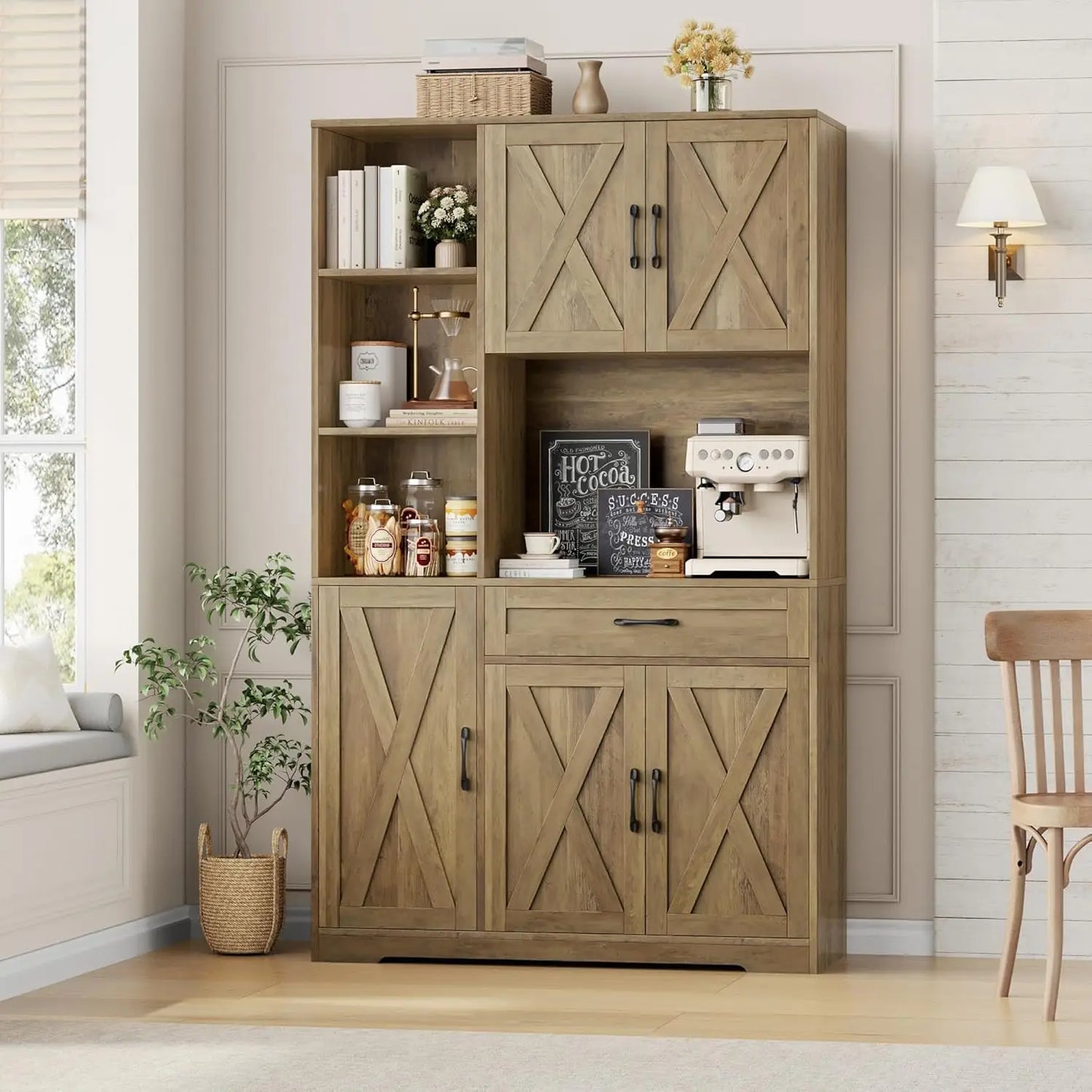 Farmhouse Pantry Cabinet With Barn Doors Microwave Stand Kitchen