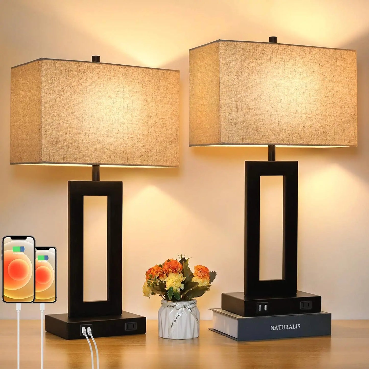 Two Pack Touch Lamps With USB Ports Dimmable Nightstand Lamp