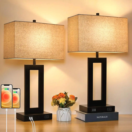 Two Pack Touch Lamps With USB Ports Dimmable Nightstand Lamp