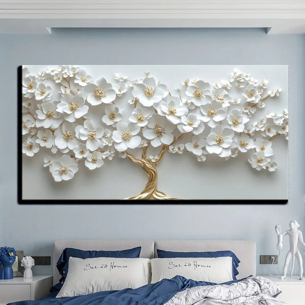 Nordic White Flower Oil Painting On Canvas Modern Wall Art