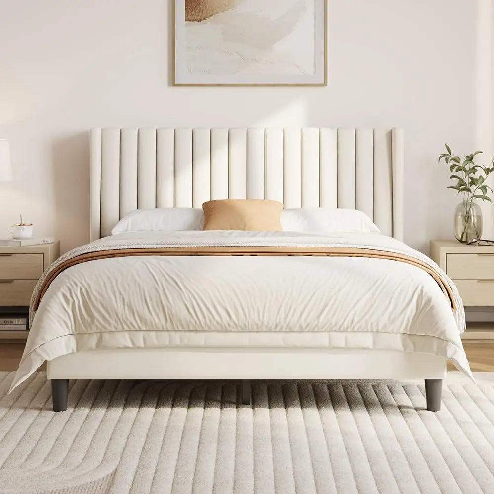 Upholstered Platform Bed Frame With Fabric Headboard Wood Non Slip