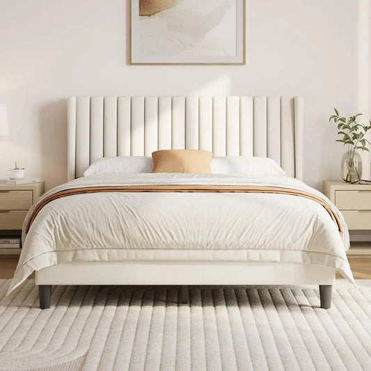 Upholstered Platform Bed Frame With Fabric Headboard Wood Non Slip