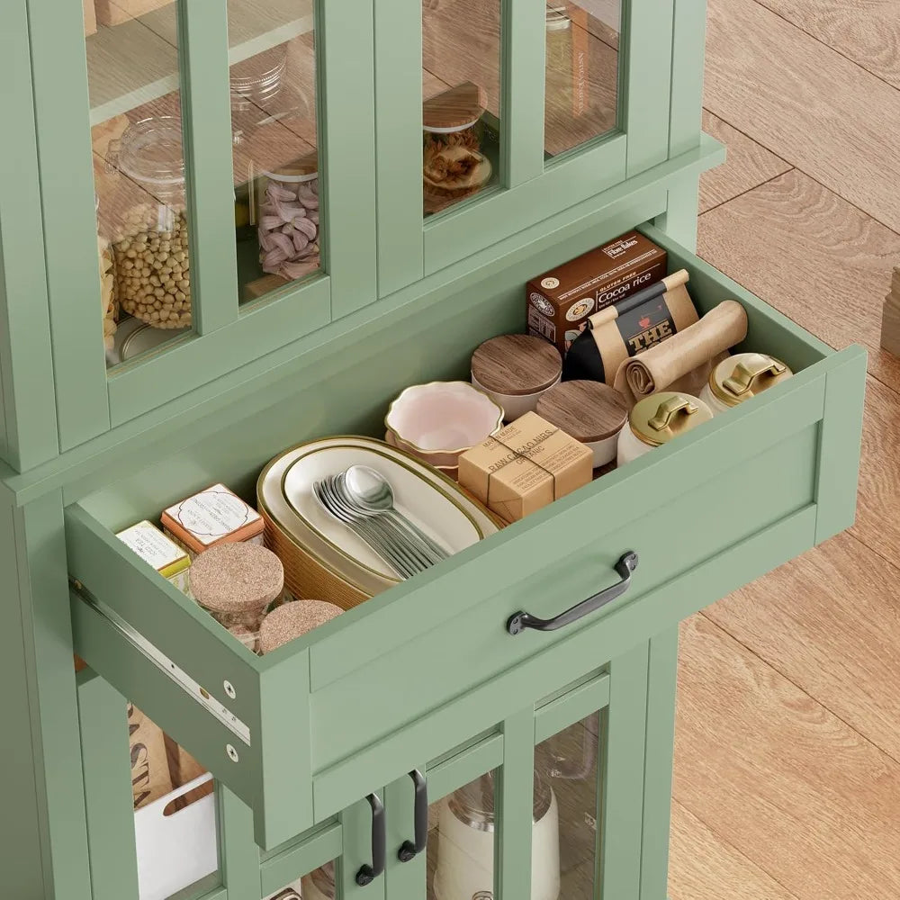Tall Kitchen Cabinet With Glass Doors And Drawer Storage