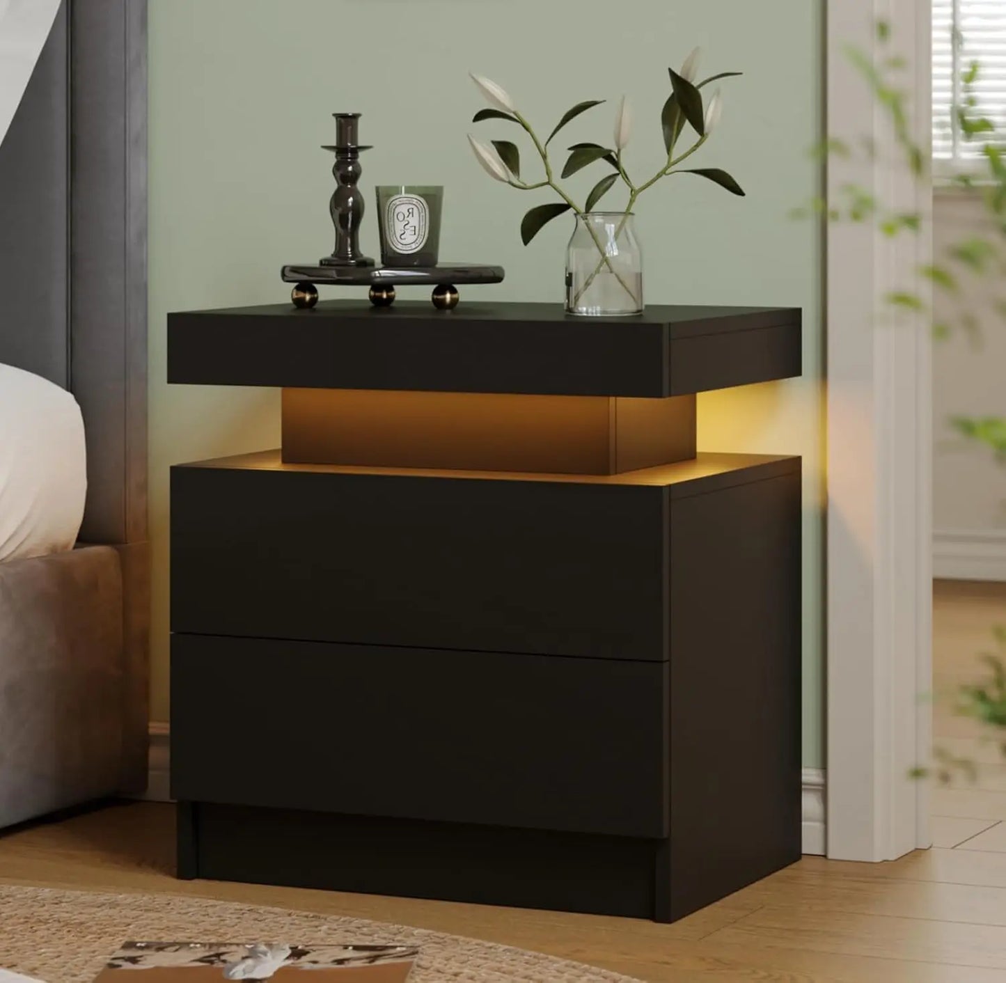 Modern White LED Nightstand With Two Wood Drawers Bedside Table