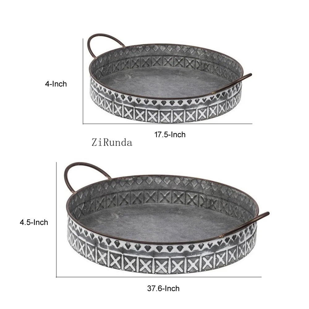 Round Iron Decorative Serving Trays With Handles Set Of 2