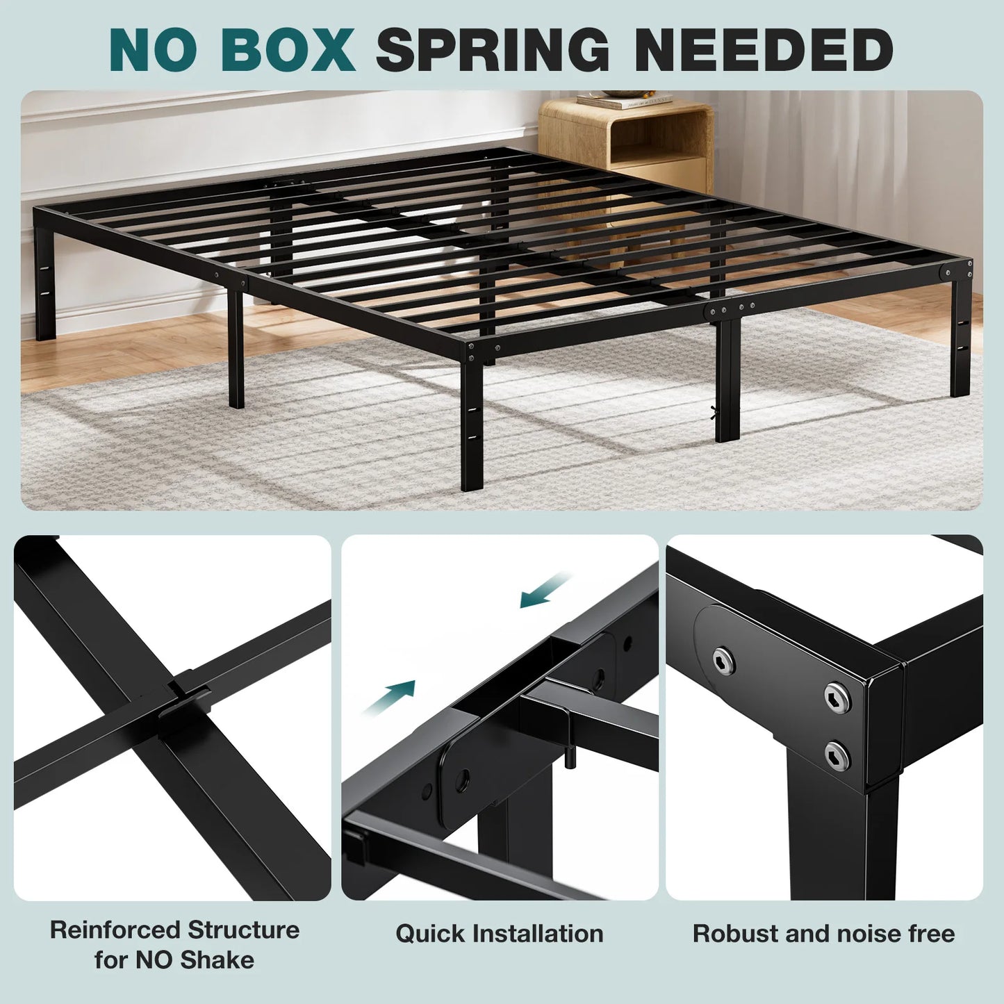 JHK Metal Platform Bed Frame with Storage and Slat Support