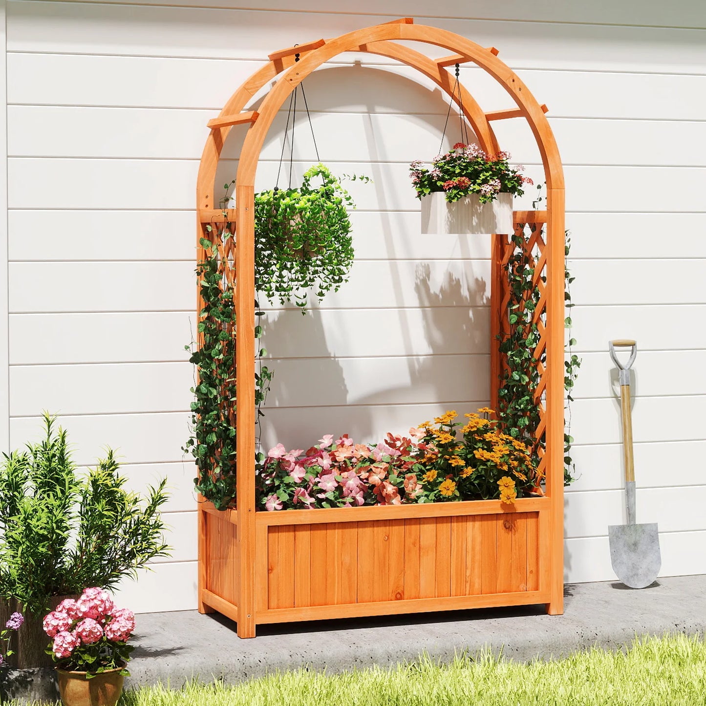 Wooden Raised Garden Bed With Lattice Trellis And Arched Roof