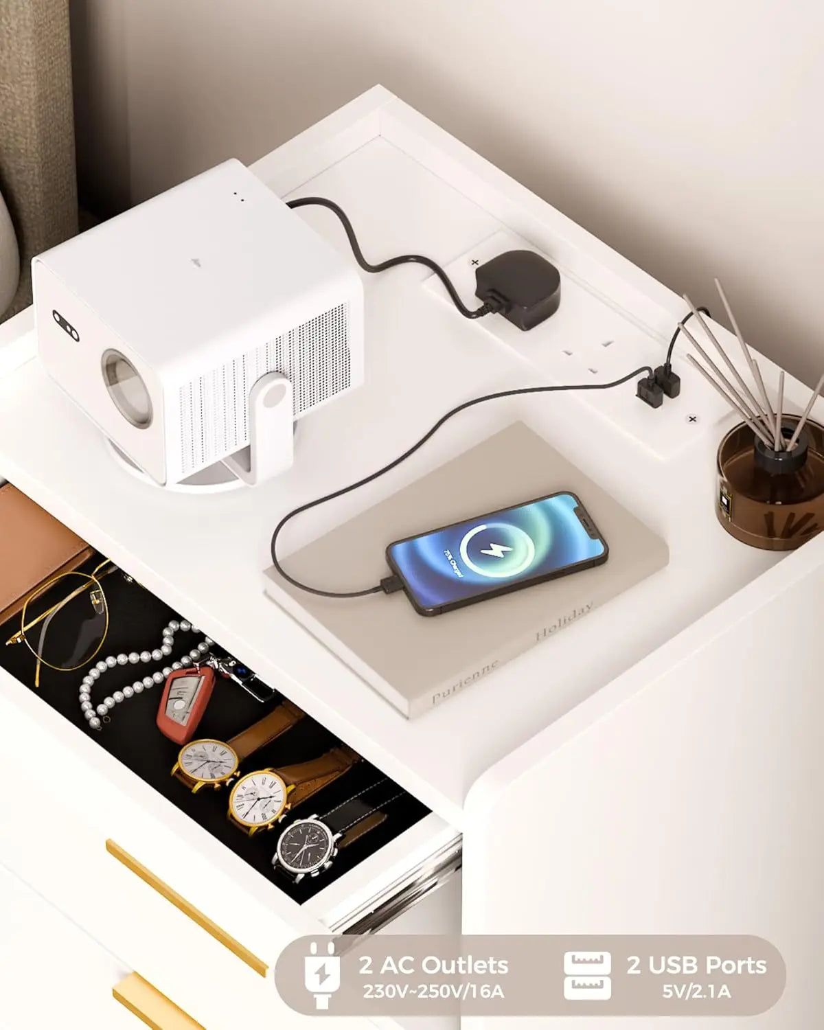 White LED Nightstand Hidden Compartment USB Type-C Charging 3 Drawers Bedroom Office 13.8x15.7x23.6 inch, Customized