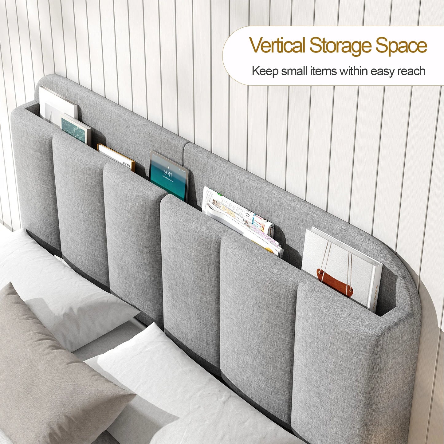 ONBRILL Adjustable Headboard With Linen Fabric Storage And RGB LED