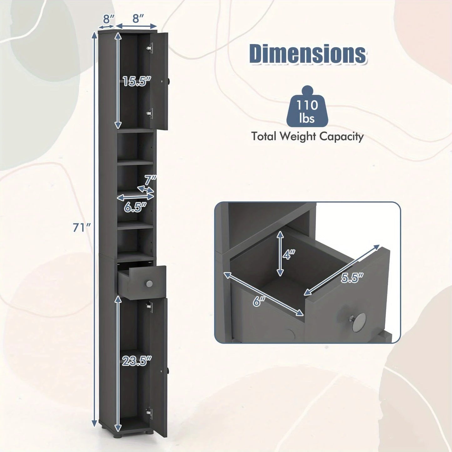 Slim Bathroom Tall Cabinet Freestanding Storage Organizer With 2 Doors
