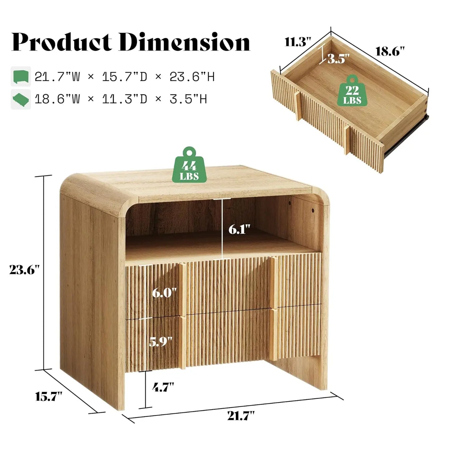 Fluted Front Nightstand With Storage Drawers And Open Shelf