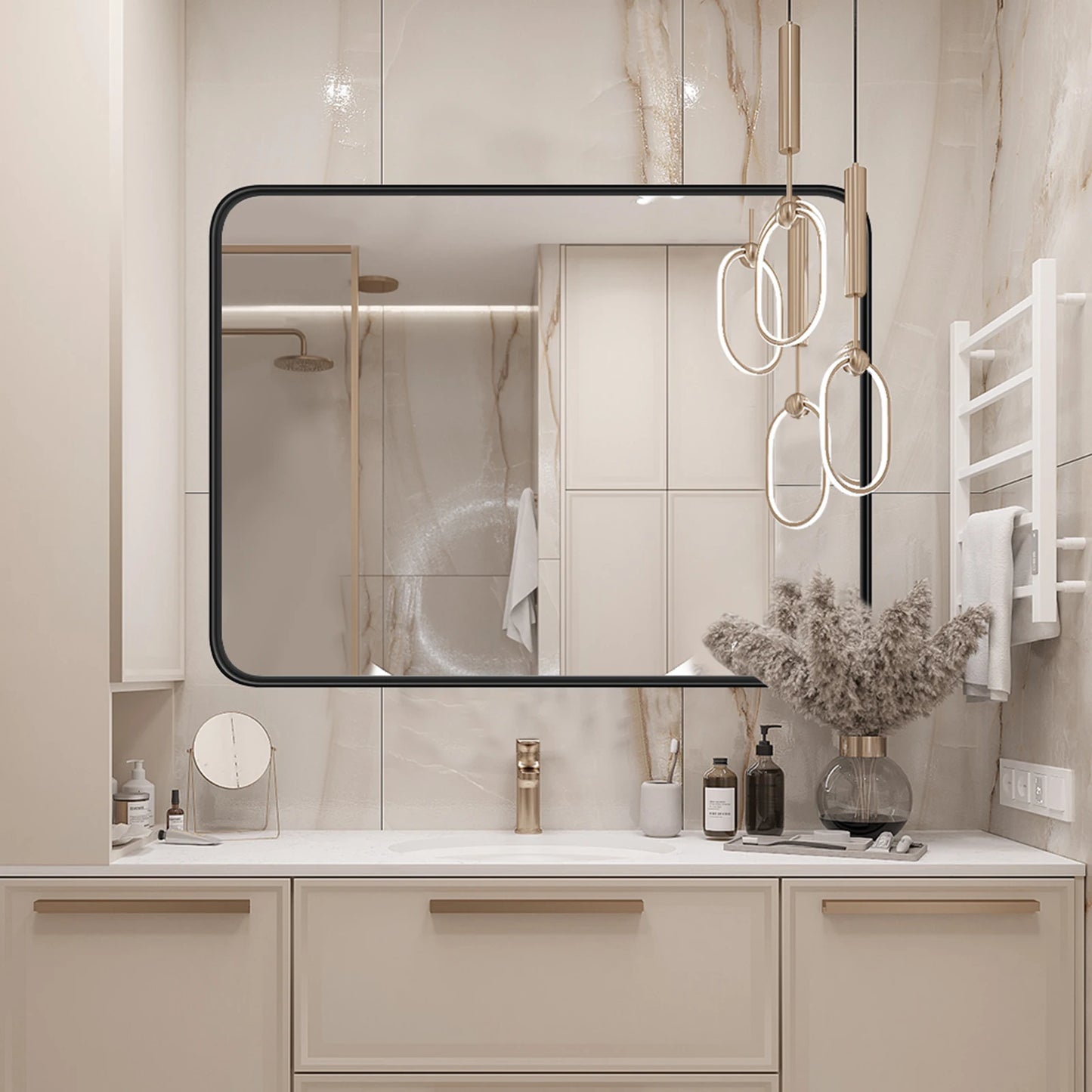 JHK 24x36 Inch Matte Metal Framed Bathroom Wall Mirror Vanity Rectangle Rounded Corner Tempered Glass Mirror Clear Reflection