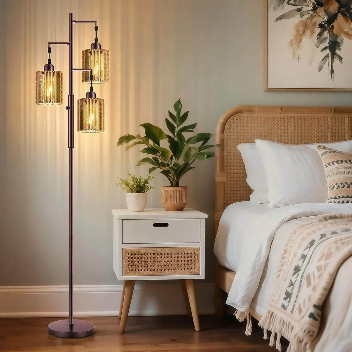 Rattan Boho Floor Lamp Dimmable Shades For Living Room
