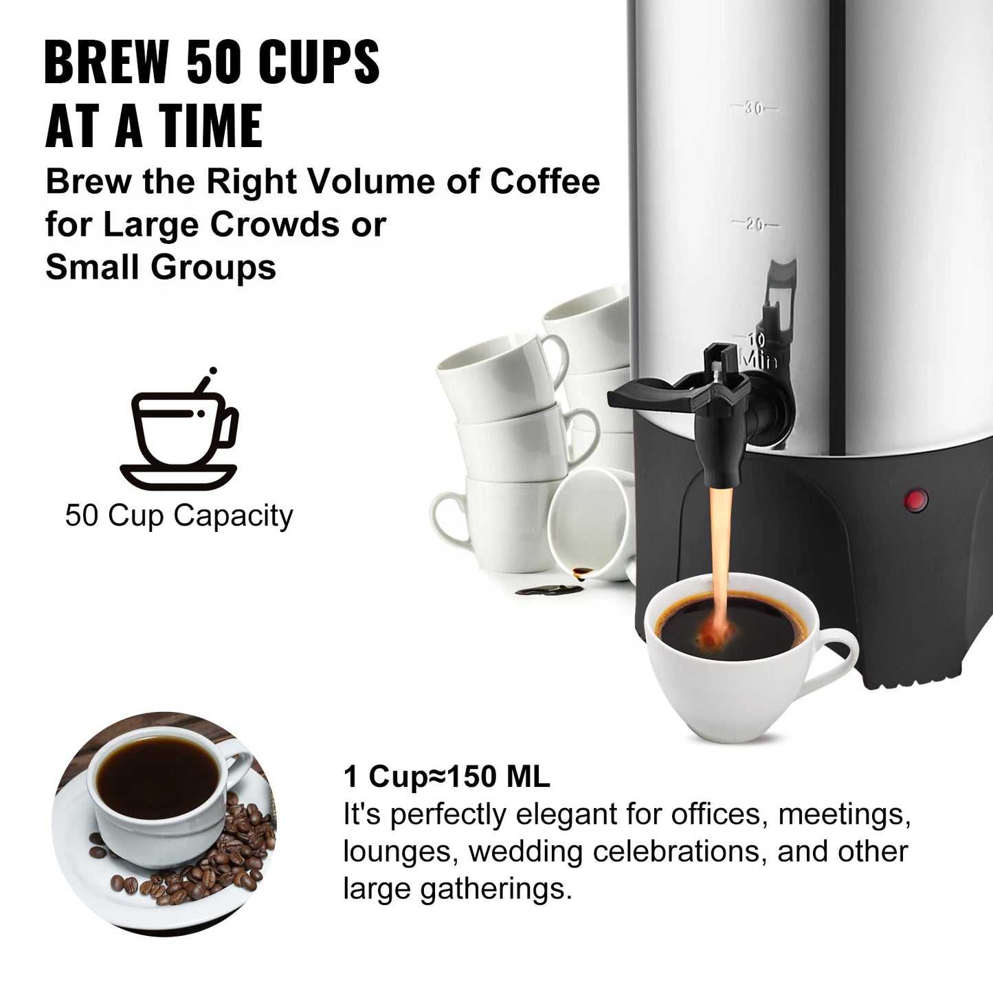 SucceBuy 50 Cup Commercial Coffee Urn Stainless Steel 1000W