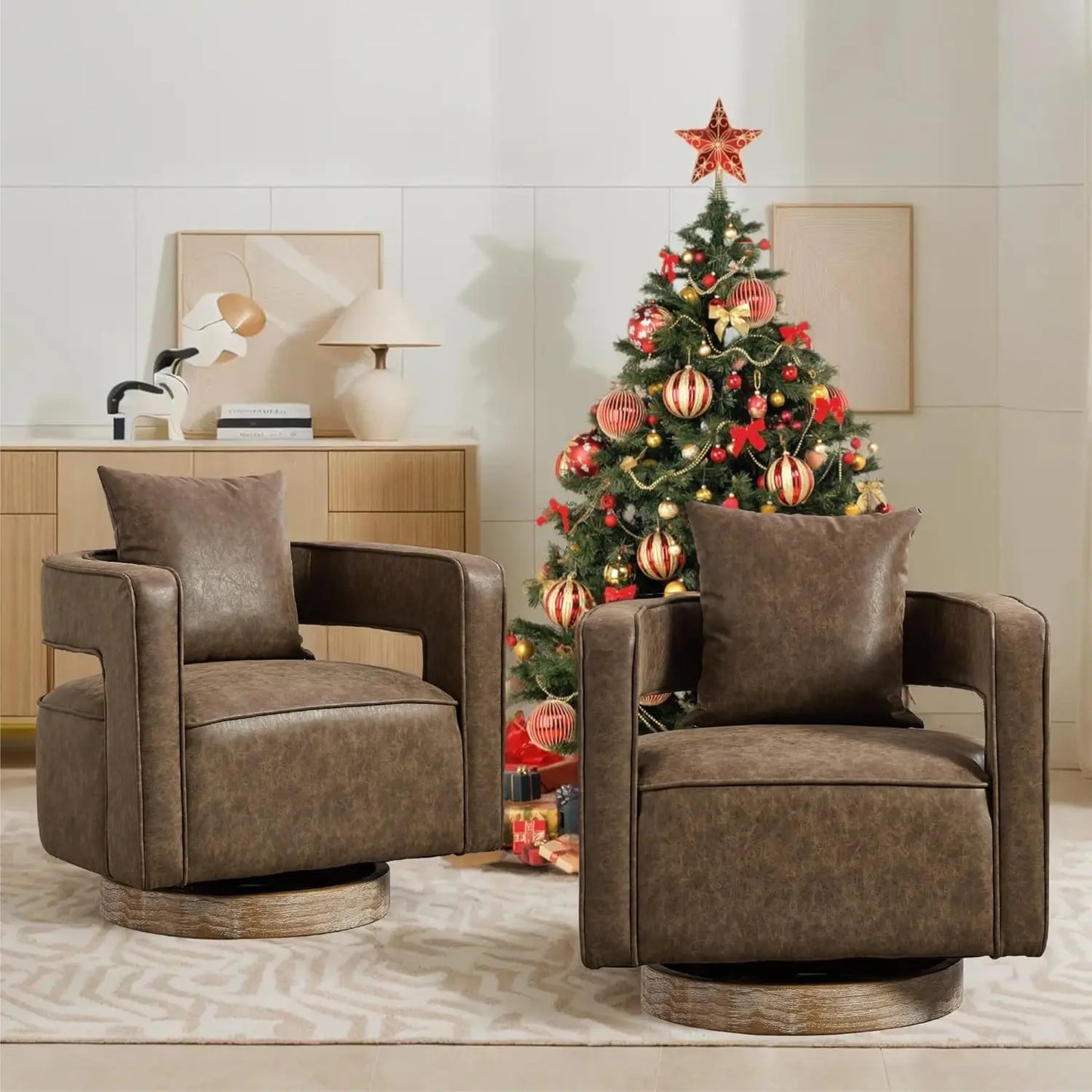 Upholstered Open Back Linen Barrel Chairs Set of 2 for Living Room