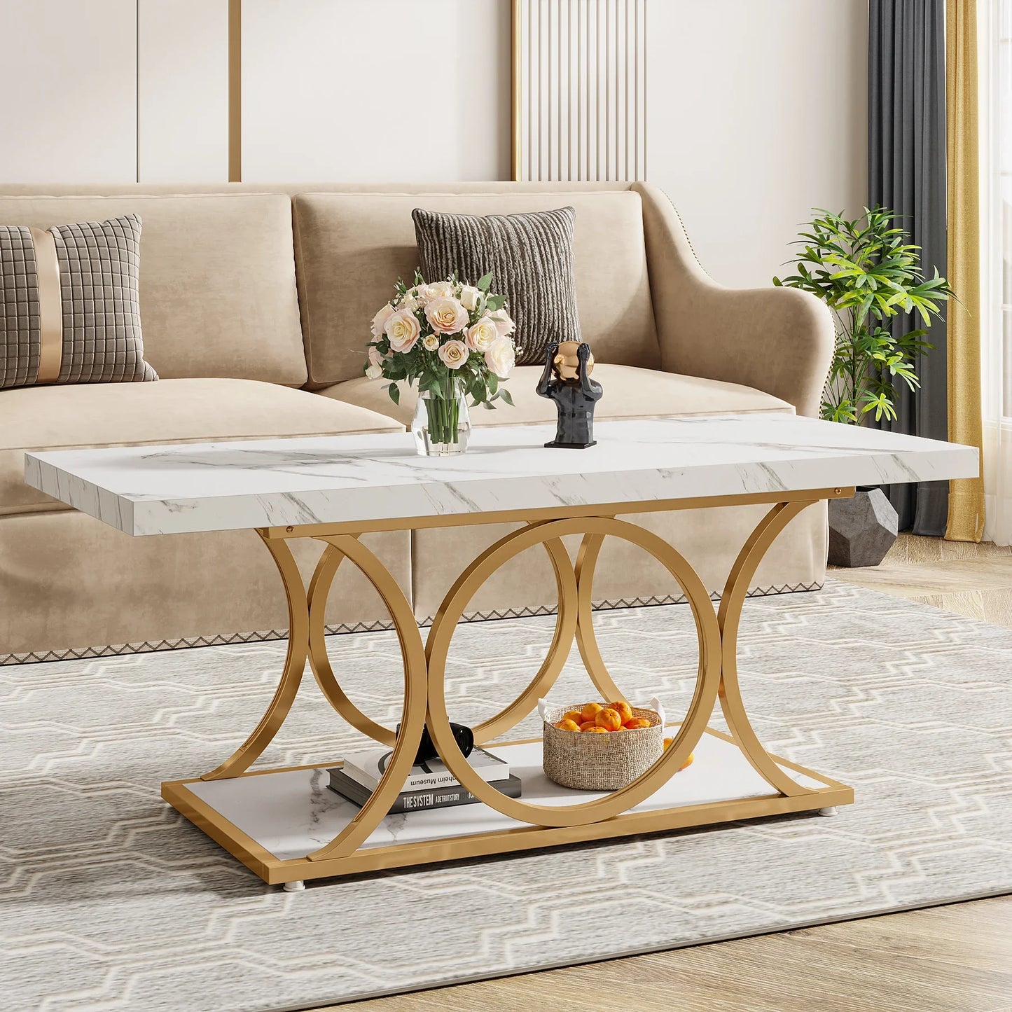 Tribesigns Rectangular Coffee Table Modern Two Tier Faux Marble Wood