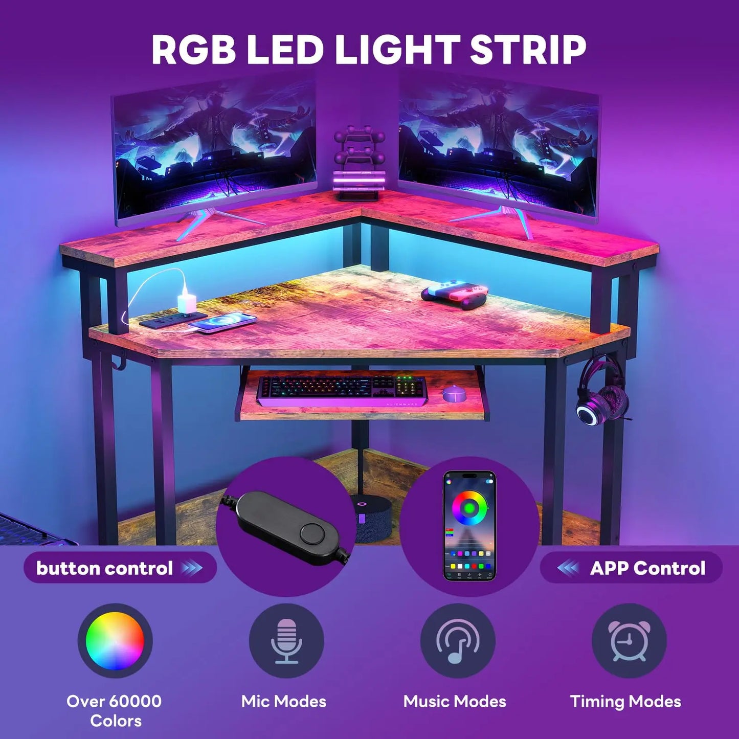JHK Corner Desk With LED Lights Power Outlets Storage Shelves
