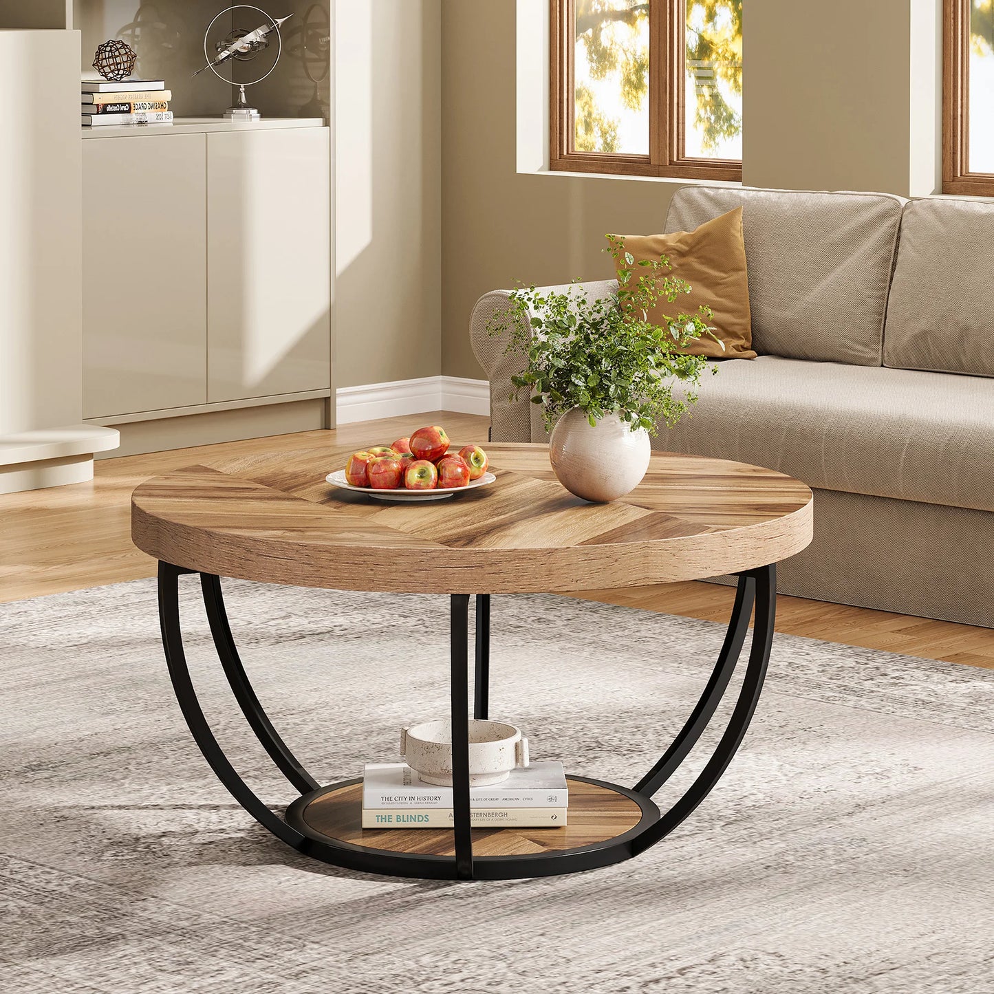 Tribesigns Industrial 2-Tier Coffee Table With Storage Shelves Wooden