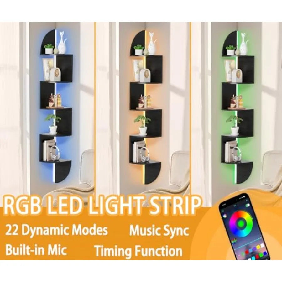 Corner Wall Shelf With LED Light 5 Tier Floating Shelves