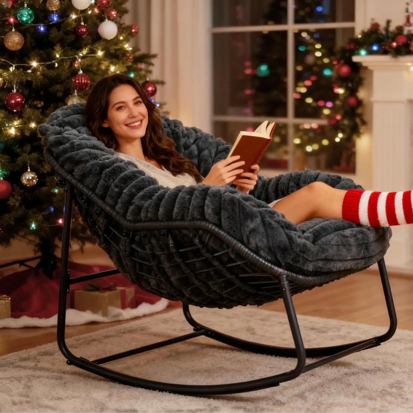 Outdoor Rocking Chair With Padded Cushion And Wicker Frame