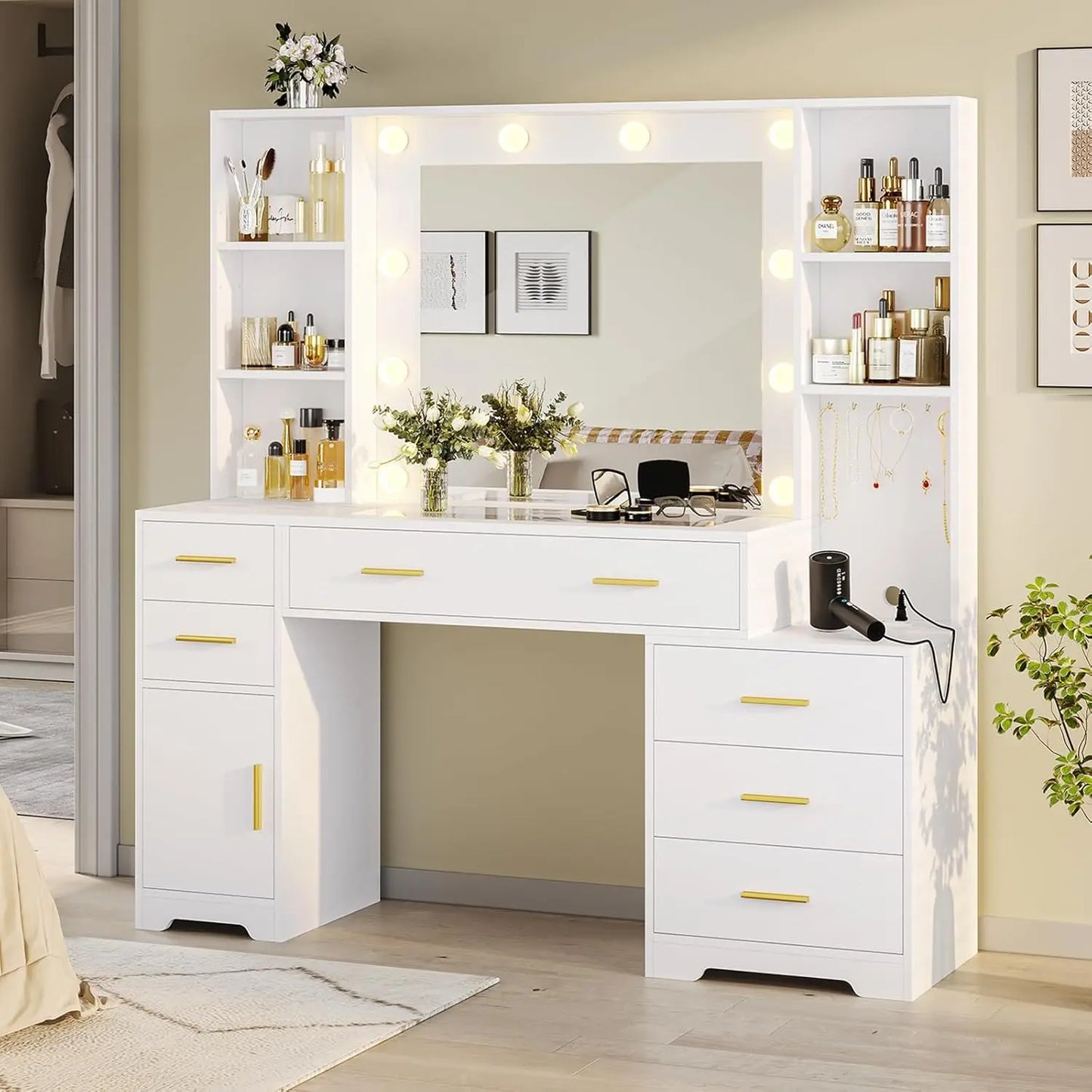 Vanity Desk With Lighted Mirror And Power Outlet 6 Drawers