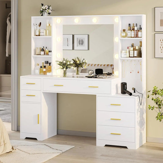 Vanity Desk With Lighted Mirror And Power Outlet 6 Drawers