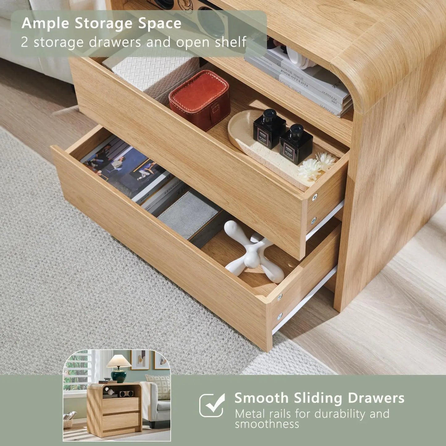 Modern Wood Nightstands With Charging Station And Two Drawers
