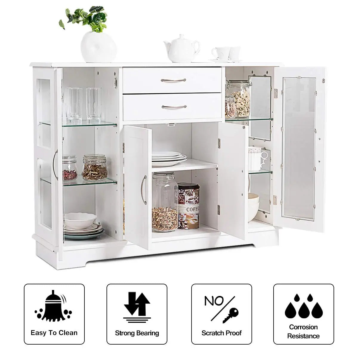 Storage Buffet Cabinet With Drawers And Three Glass Door Cabinets