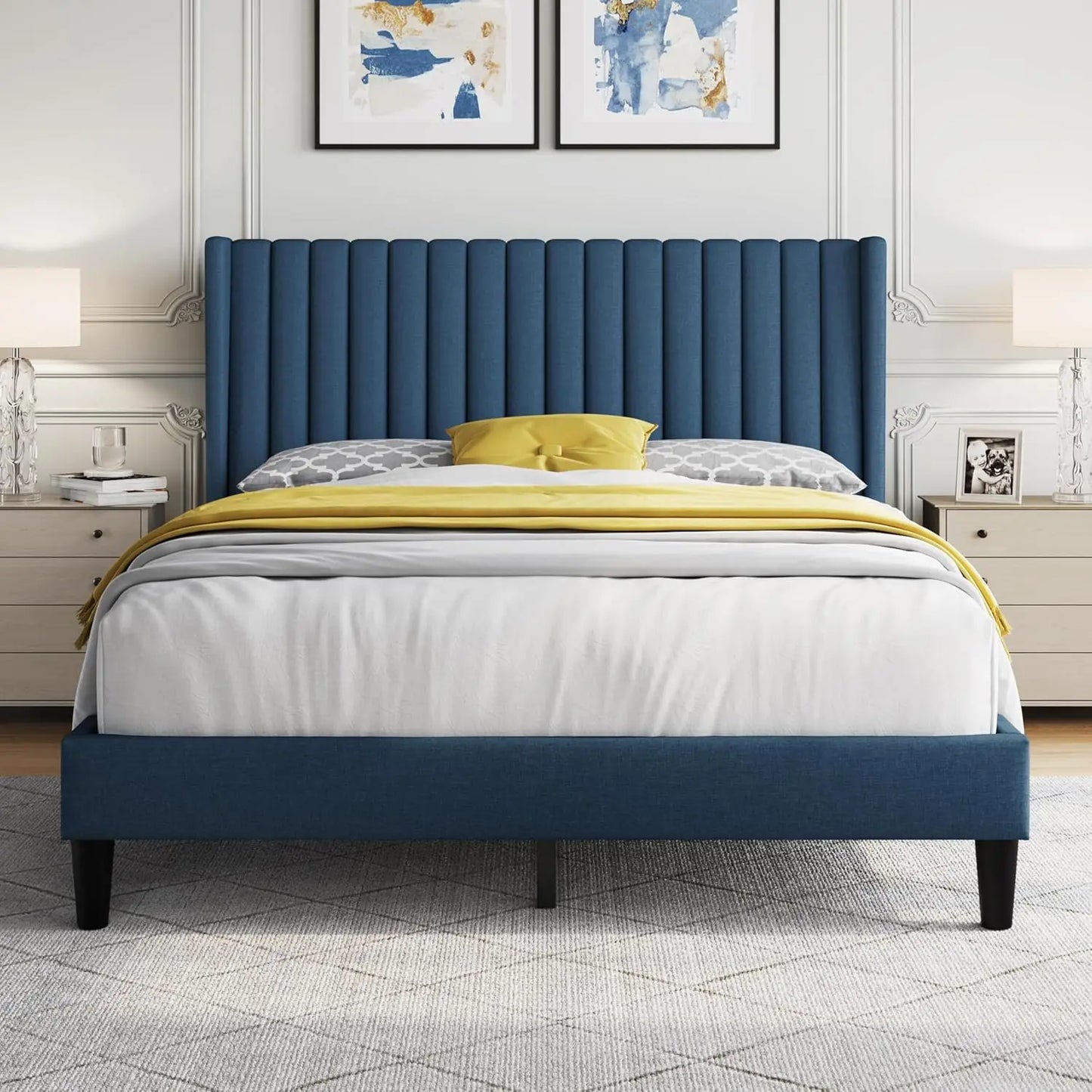 Upholstered Platform Bed Frame With Fabric Headboard Wood Non Slip