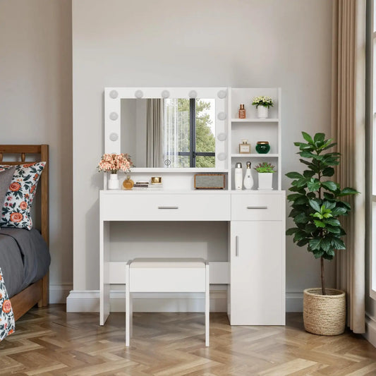 Modern Lighted Vanity Table With Mirror And 3 Drawers And Shelves